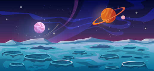 Landscape of moon, fantasy setting or location, background with planets and celestial bodies, stars and universe. Craters on surface, vector illustration