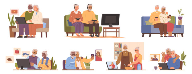 Aufkleber - Grandmother and grandfather using modern technologies, gadgets and internet in daily life. Talking on web, playing games and shopping online. Flat cartoon character vector