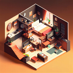 Wall Mural - Infographic of a house aerial view with exposed walls showing all rooms