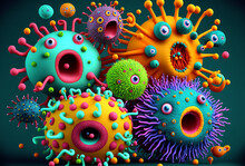 Funny Microorganisms Viruses And Disease, Colorful Bacteria, Parasites Illustration, Health And Medicine