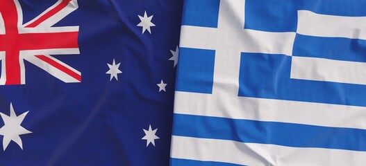 Flags of Australia and Greece. Linen flag close-up. Flag made of canvas. Australian, Canberra, Sydney. Greek. State symbol. 3d illustration.