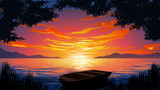 Fototapeta Zachód słońca - sunset on the lake with boat