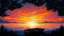 Sunset On The Lake With Boat