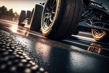 Asphalt of the international race track with a race car at the start. Racer on a racing car passes the track.