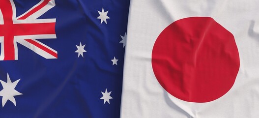 Flags of Australia and Japan. Linen flag close-up. Flag made of canvas. Australian, Canberra, Sydney. Japanese, Tokyo. State symbol. 3d illustration.