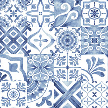 Azulejos - Portuguese Tiles Blue Watercolor Pattern. Traditional Ornament. Variety Tiles Collection. Hand Painted Illustration