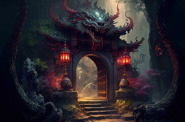 Wall Mural - fantasy scene asian temple, game design inspiration. generative AI 