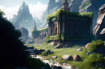 Wall Mural - fantasy scene ancient ruins, game design inspiration. generative AI