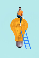 Poster - Photo collage artwork minimal picture of happy smiling guy achieving bulb top chatting modern device isolated drawing background