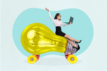 Poster - Photo artwork minimal collage picture of worker lady riding big bulb working modern device isolated drawing background