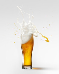 Foam splashes. Glass of delicious lager beer isolated over grey background. Beer drops. Concept of alcohol, oktoberfest, drinks