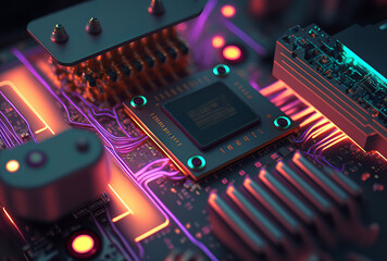 Close up of a computer circuit board with neon lights. Generative ai
