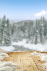 Wall Mural - desk of free space and winter landscape of mountains.