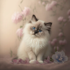 Sticker - Gorgeous Birman cat kitten surrounded by flowrs, digital art