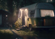 Abandoned camper, motorhome.  post-apocalyptic desert landscape in the apocalypse, end of the word concept. Ai Generative
