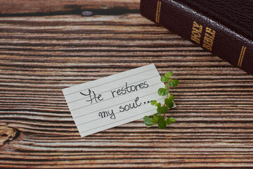 Wall Mural - Biblical quote handwritten on lined paper with green plant and a closed holy bible book on wooden background. A close-up. Psalm 23, Christian verse, restoration and hope in the God Jesus Christ.