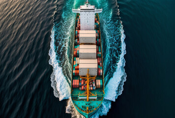 Overhead aerial view of a container cargo ship. Generative ai