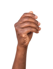 Hand holding a virtual object such as card isolated on white or transparent background	