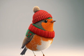 Wall Mural - A festive robin wrapped up in a knitted hat and scarf. Generative ai