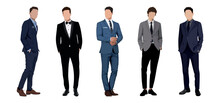 Set Of Businessmen On A White Background In Business Suits In A Flat Style. Set Of Vector Illustrations Of Stylish And Fashionable Men