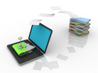 Poster - 3d rendering Folder on laptop with key protection near book
