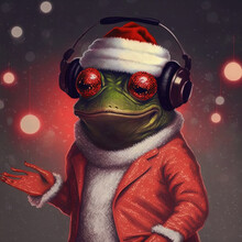 Christmas Club Party Frog Santa Claus. Generative AI. Not Based On Any