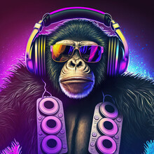 Cool Neon Party Dj Monkey In Headphones And Sunglasses. Generative AI