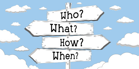 Canvas Print - Who, what, how, when - outline signpost with four arrows