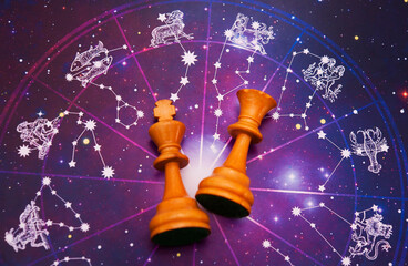 Wall Mural - chess figures queen and king ver horoscope with constellation of stars and zodiac signs like astrolo