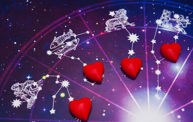 zodiac signs with horoscope and constallation of stars and with red hearts like astrology and romant