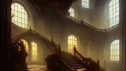 Poster - Staircase in the palace leading to the top. Large panoramic windows. Fantasy interior with a garden. Rays of the sun, shadows. Majestic staircase. AI