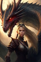 Illustration Numérique D'une Femme Guerrière Devant Un Dragon