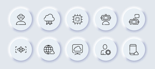 Gadgets neomorphic line icons set. VR glasses, cloud, data storage, server, processor, assistant, internet, computer, settings, user, smartphone. Technology concept. Vector neomorphic line icons set