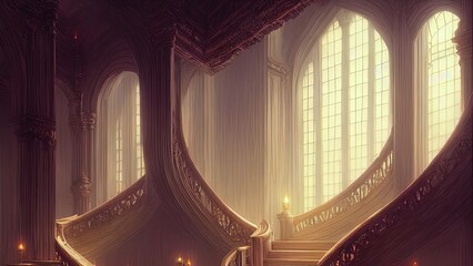 Wall Mural - Staircase in the palace leading to the top. Large panoramic windows. Fantasy interior with a garden. Rays of the sun, shadows. Majestic staircase. AI