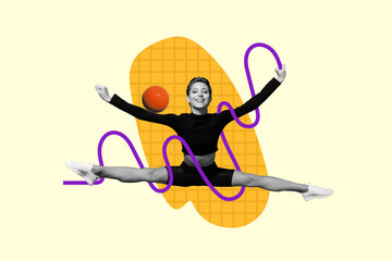 Wall Mural - Composite collage image of excited positive black white colors girl gymnast jumping stretching split legs hold ball string