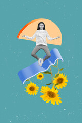 Poster - Vertical collage picture of black white effect peaceful girl meditate levitate sunflowers isolated on drawing background