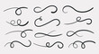 Swish doodle underline set. Hand drawn swoosh elements, calligraphy swirl or sport swoop text tails. Swash decorative strokes on white background, vector illustration. 10 EPS.