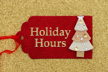 Canvas Print - Holiday Hours message on a red holiday gift tag with a Christmas tree