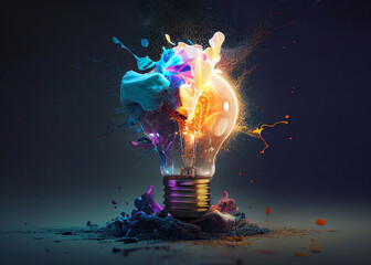 creative light bulb explodes with colorful paint and splashes on a black background. think different