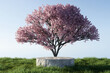 Abstact 3d render spring scene and Natural podium background, Stone podium on the grass field, backdrop cherry blossoms flowers in full bloom and blue sky for product display advertising or etc