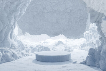 Wall Mural - abstact 3d render winter scene and natural podium background, ice podium on the snow ground in the i