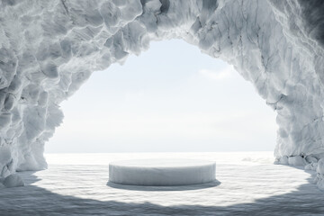 Wall Mural - abstact 3d render winter scene and natural podium background, ice podium on the snow ground in the i