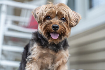 Happy little Yorkshire Terrier puppy tongue out looking at camera 