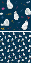 Seamless White Persian Cat Pattern, Texture.Square Format, T-shirt, Poster, Packaging, Textile, Socks, Textile, Fabric, Decoration, Wrapping Paper.Hand-drawn Navy Backdrop, Bright Spirals And Doodles.