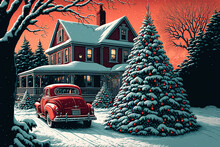 Illustration Of Christmas Village. Cute European House. Happy New Year. Winter Landscape. Retro Car Near The Cozy House. Generative AI