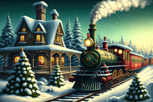 Christmas Train Going Through Village. Railway Station. Locomotive With Steam Illustration. Winter Landscape With Steam Train. Generative AI