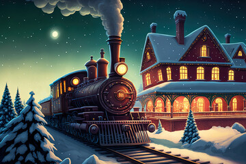 Christmas train going through village. Railway station. Locomotive with steam illustration. Winter Landscape with steam train. Generative AI