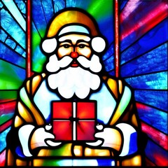 Wall Mural - Stained glass / vitrage Santa Clause with present box