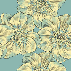 Seamless floral vector pattern with big flowers with green-yellow petals on pastel blue-green background.