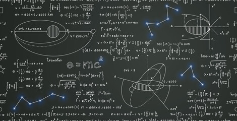 Mathematical formulas and physics explaining space orbits and stars seamless pattern.